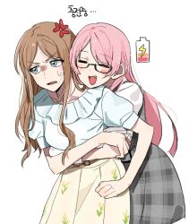 2girls =_= anger_vein bang_dream! bang_dream!_it&#039;s_mygo!!!!! battery_indicator belt belt_buckle black-framed_eyewear blue_eyes blush_stickers brown_belt brown_hair buckle carrot0carrot chihaya_anon closed_eyes collarbone commentary cowboy_shot dot_nose dress fang floral_print_skirt frilled_shirt frills front-to-back hand_on_another&#039;s_arm hand_on_another&#039;s_shoulder highres hug hug_from_behind korean_commentary korean_text leaning_forward leaning_on_person long_hair long_sidelocks looking_to_the_side medium_dress multiple_girls nagasaki_soyo open_mouth parted_bangs pink_hair pleated_dress pleated_skirt puffy_short_sleeves puffy_sleeves recharging semi-rimless_eyewear shaded_face shirt short_sleeves sidelocks sideways_glance simple_background single_blush_sticker skirt sweatdrop three-quarter_sleeves translated under-rim_eyewear v-shaped_eyebrows very_long_hair white_background white_shirt white_sleeves yellow_skirt yuri