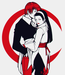 1boy 1girl black_hair couple half_moon hug japanese_clothes kagura_chizuru miko moon musician priestess red_hair snk the_king_of_fighters white_headgear yagami_iori