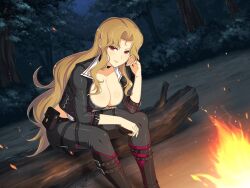 1girl belt belt_buckle belt_pouch black_belt black_choker black_footwear black_jacket black_pantyhose blonde_hair blush bonfire breasts buckle bush campfire choker cleavage collarbone daidouji_(senran_kagura) fire fire forest holster jacket kunai large_breasts leaf log long_hair looking_at_viewer mole mole_under_eye nature night night_sky official_alternate_costume official_art outdoors pantyhose pouch red_eyes senran_kagura senran_kagura_burst senran_kagura_new_link senran_kagura_shoujo-tachi_no_shin&#039;ei shiny_skin sitting sitting_on_log sky smile solo star_(sky) starry_sky thigh_holster tree very_long_hair weapon yaegashi_nan