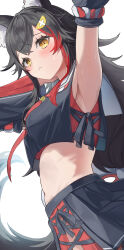 Rule 34 | 1girl, :&lt;, absurdres, animal ear fluff, animal ears, arm up, armpits, black hair, black shirt, black skirt, blush, breasts, closed mouth, commentary, cowboy shot, cropped shirt, cross-laced slit, detached sleeves, embarrassed, eyelashes, from below, from side, frown, furrowed brow, highres, hololive, kakeru (kakekaker001), kouhaku nawa, layered skirt, long hair, looking at viewer, low-tied long hair, medium breasts, miniskirt, multicolored hair, navel, neckerchief, ookami mio, ookami mio (1st costume), pleated skirt, red hair, red neckerchief, red skirt, red undershirt, ribs, rope, sailor collar, shimenawa, shirt, simple background, skirt, solo, standing, stomach, streaked hair, sweat, two-tone hair, undershirt, very long hair, virtual youtuber, white background, wolf ears, wolf girl, yellow eyes