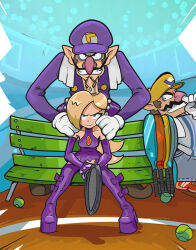 1girl 2boys ball bench big_nose boots bracelet commentary crown dress elbow_gloves english_commentary evil_grin evil_smile facial_hair gloves grin halter_dress halterneck hands_on_another&#039;s_shoulders highres holding_tennis_racket jewelry long_hair mario_(series) mario_power_tennis mario_tennis microdress multiple_boys mustache nintendo nose_picking phil_dragash platform_boots platform_footwear purple_dress purple_gloves racket shoulder_massage sitting smile spiked_bracelet spikes tennis_ball tennis_racket thigh_boots waluigi wario warupeach