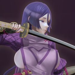 1girl 3d black_gloves bracer breasts fate/grand_order fate_(series) female_focus fingerless_gloves gloves holding holding_sword holding_weapon katana large_breasts leslyzerosix long_hair minamoto_no_raikou_(fate) parted_lips purple_eyes purple_hair solo sword weapon
