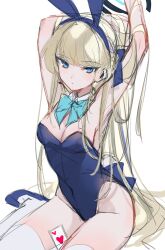 Rule 34 | 1girl, animal ears, aqua bow, aqua bowtie, arms up, blonde hair, blue archive, blue eyes, blue hairband, blue halo, blue leotard, bow, bowtie, breasts, card, cleavage, detached collar, fake animal ears, fake tail, hairband, halo, hands up, high heels, highleg, highleg leotard, leotard, long hair, looking at viewer, ouri (aya pine), playboy bunny, playing card, rabbit ears, rabbit tail, sitting, sketch, solo, strapless, strapless leotard, tail, thighhighs, toki (blue archive), toki (bunny) (blue archive), unfinished, white thighhighs, wrist cuffs