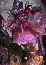 1boy 2girls absurdres amate_yuzuriha back char_aznable commentary english_commentary feet_out_of_frame gundam gundam_gquuuuuux helmet highres looking_at_another military_uniform multiple_girls nyaan_(gundam_gquuuuuux) pleated_skirt red_gundam school_uniform shirt shop signature skirt standing star_(sky) storefront sweater utility_pole white_helmet white_shirt white_sweater yukishiro_chifuyu