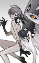 1other absurdres androgynous angel_wings black_eyes black_sclera colored_sclera cropped_legs extra_eyes from_side gradient_skin grey_hair head_wings highres medium_hair multicolored_eyes nude original other_focus populamalus simple_background solo white_background wings