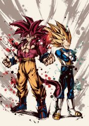 2boys armor blonde_hair blue_bodysuit blue_boots body_fur bodysuit boots crossed_arms dragon_ball dragon_ball_daima full_body gloves grey_background highres ink_wash_painting looking_at_viewer male_focus monkey_tail multiple_boys no_eyebrows orange_pants pants red_fur red_hair red_tail saiyan_armor simple_background son_goku spiked_hair spmjg7 super_saiyan super_saiyan_3 super_saiyan_4 tail vegeta white_armor white_boots white_gloves