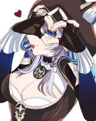 1girl absurdres animal_ear_fluff animal_ears animal_hood black_gloves blue_eyes breasts cat_ears cat_hood cipher_(honkai:_star_rail) cleavage commentary_request fingerless_gloves gloves grey_hair heart heart_hands highres honkai:_star_rail honkai_(series) hood large_breasts oekakidekinai1 short_hair_with_long_locks solo tongue tongue_out upper_body white_background yellow_nails