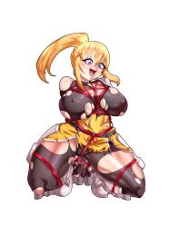 1girl absurdres armor armored_boots bdsm black_bodysuit blonde_hair blue_eyes bodysuit bondage boots bound breasts covered_erect_nipples darkness_(konosuba) dress embarrassed excited eyelashes female_focus female_knight full_body grey_boots highres kono_subarashii_sekai_ni_shukufuku_wo! large_breasts long_hair looking_down masochism miyako.noh open_mouth ponytail rope simple_background smile solo squatting torn_bodysuit torn_clothes torn_dress wavy_mouth white_background yellow_dress