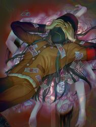 Rule 34 | 1boy, armband, arms up, bandaged hand, bandages, black hair, black mask, brown jacket, brown pants, charm (object), commentary request, danganronpa (series), danganronpa v3: killing harmony, dutch angle, feet out of frame, flower, hands on own face, hat, highres, jacket, katahaba (wawawa wa haha), long hair, long sleeves, looking at viewer, lying, male focus, mask, mouth mask, on back, pants, red armband, shinguji korekiyo, solo, very long hair, yellow eyes