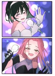 Rule 34 | 2girls, alien stage, black dress, black gloves, black hair, blue hair, bob cut, commentary, dress, earrings, gloves, gradient hair, hairband, hashtag-only commentary, highres, holding, holding microphone, jewelry, microphone, mizi (alien stage), multicolored hair, multiple girls, neck tattoo, open mouth, pink hair, purple eyes, smile, sphere earrings, sua (alien stage), tattoo, two-tone hair, viga uzk, white dress, white gloves, white hairband, yellow eyes