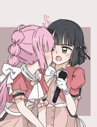 2girls 3rd_live_tour_try_tri_unity!!! anyoji_hime ascot black_hair black_ribbon bloom_the_smile_bloom_the_dream! blunt_bangs blunt_ends blunt_sidelocks bob_cut bow brown_background commentary_request dress gloves green_eyes hair_bow hair_ribbon heart highres holding holding_microphone jacket link!_like!_love_live! long_hair looking_at_another love_live! microphone mihasu_ll momose_ginko multi-tied_hair multiple_girls official_alternate_costume open_clothes open_jacket open_mouth orange_dress pink_jacket ponytail puffy_short_sleeves puffy_sleeves ribbon short-sleeved_jacket short_hair short_sleeves sidelocks simple_background virtual_youtuber white_ascot white_bow white_gloves