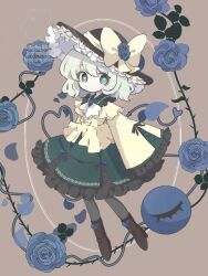 1girl black_hat black_pantyhose blue_flower blue_rose boots bow brown_background brown_boots closed_mouth collared_shirt commentary_request flower frilled_hat frilled_shirt_collar frilled_skirt frilled_sleeves frills full_body green_eyes green_hair green_skirt hat hat_bow hat_flower heart heart-shaped_pupils highres komeiji_koishi long_sleeves looking_at_viewer moaixiang59173 pantyhose rose shirt short_hair skirt sleeves_past_fingers sleeves_past_wrists solo symbol-shaped_pupils touhou watermark wide_sleeves yellow_bow yellow_shirt