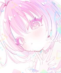 1girl absurdres ahoge aqua_hair blush choker commentary dress frills hair_between_eyes hair_intakes hand_up highres idolmaster idolmaster_cinderella_girls idolmaster_cinderella_girls_starlight_stage looking_at_viewer medium_hair multicolored_hair nose official_alternate_costume open_mouth pale_skin parted_lips pink_choker pink_eyes pink_hair portrait simple_background solo sukoyaka_(100hituzi) two-tone_hair white_background yumemi_riamu