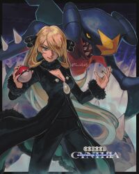 1girl absurdres black_nails black_pants black_sclera black_shirt blonde_hair breasts character_name cleavage closed_mouth colored_sclera creature cynthia_(pokemon) fingernails garchomp gen_4_pokemon grey_eyes hair_over_one_eye highres holding holding_poke_ball kornart long_hair long_sleeves looking_at_viewer medium_breasts nintendo pants poke_ball pokemon pokemon_(creature) pokemon_dppt sharp_teeth shirt smile teeth very_long_hair yellow_eyes