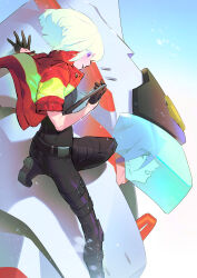 2boys absurdres aqua_hair belt black_gloves black_pants black_shirt blue_eyes blue_hair boots colored_eyelashes cropped_jacket day galo_thymos gloves grin half_gloves highres jacket km_(ksolee1201) leg_belt lio_fotia looking_ahead male_focus matoi_tech mohawk multiple_belts multiple_boys pants pocket promare purple_eyes red_jacket shirt short_hair short_sleeves smile thigh_belt thigh_strap