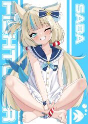 1girl absurdres ahoge animal_ear_fluff animal_ears barefoot blonde_hair blue_bow blue_collar blue_eyes blue_hair blush bow cat_ears character_name chiyo_setsuna closed_mouth collar dress fins fish_girl fish_tail hair_bow highres indie_virtual_youtuber lifebuoy_hair_ornament long_hair looking_at_viewer low_twintails multicolored_hair one_eye_closed one_side_up sameko_saba sleeveless sleeveless_dress smile solo streaked_hair tail twintails v very_long_hair virtual_youtuber white_dress