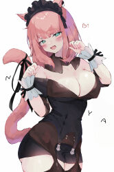 1girl animal_ears bare_shoulders blush breasts cat cat_ears cat_tail cleavage cowboy_shot curvy fang final_fantasy final_fantasy_xiv garter_straps green_eyes highres large_breasts long_hair miqo&#039;te off-shoulder_shirt off_shoulder open_mouth paw_pose pink_hair shhilee shirt simple_background smile solo tail thighs white_background