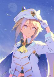1girl animal_ears blue_eyes blush breasts brown_hair buttons cape cheval_grand_(umamusume) closed_mouth collared_shirt gloves hair_between_eyes hand_on_headwear hat highres horse_ears horse_girl horse_tail jacket long_hair long_sleeves looking_at_viewer medium_breasts moon multicolored_hair peaked_cap purple_eyes shikahisa_totani shirt simple_background sky solo streaked_hair tail umamusume upper_body white_gloves white_hair white_hat white_jacket white_shirt