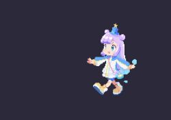 1girl :d animated animated_gif bike_shorts blue_background blue_hair blue_hat bouncing female_focus hat jacket liquid_hair mini_hat monster_girl multicolored_hair open_mouth oyuzaki_(ayuzaki) pixel_art puniru_(puniru_wa_kawaii_slime) puniru_wa_kawaii_slime purple_hair shoes simple_background slime_girl smile solo star_(symbol) transformation walking white_jacket yellow_shoes