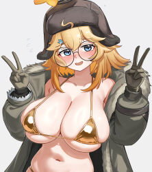 1girl absurdres bikini blonde_hair blue_eyes breasts brown_gloves brown_hat cleavage double_v girls&#039;_frontline girls&#039;_frontline_2:_exilium glasses gloves gold_bikini hands_up hat highres jacket large_breasts littara_(girls&#039;_frontline_2) long_sleeves looking_at_viewer navel open_clothes open_jacket open_mouth round_eyewear shenqi_xiaohuang simple_background skindentation smile solo swimsuit upper_body v wkp_(girls&#039;_frontline)