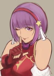 1girl absurdres asamiya_athena breasts dress female_focus fingerless_gloves gloves hairband highres jewelry large_breasts leather leather_gloves looking_at_viewer one_eye_closed pale_skin purple_eyes purple_hair reavernk short_hair smile snk star_(symbol) the_king_of_fighters wink