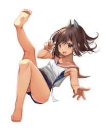 Rule 34 | 1girl, absurdres, barefoot, blue one-piece swimsuit, blush, breasts, brown eyes, brown hair, highres, i-401 (kancolle), kantai collection, looking at viewer, one-piece swimsuit, open mouth, ponytail, sailor collar, school swimsuit, school uniform, serafuku, shirt, short hair, short ponytail, simple background, sleeveless, smile, solo, swimsuit, swimsuit under clothes, tan, white background, yashin (yasinz)