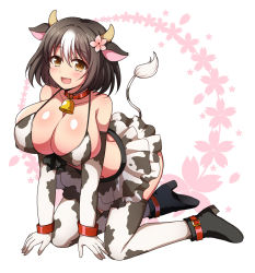 1girl afuro all_fours animal_ears animal_print ankle_boots bell bikini bikini_top_only black_hair boots breasts brown_eyes choker cleavage collar cow_ears cow_girl cow_print cow_print_bikini cowbell elbow_gloves flower full_body gloves hair_flower hair_ornament huge_breasts large_breasts looking_at_viewer midriff multicolored_hair neck_bell open_mouth original print_bikini short_hair skirt smile swimsuit thighhighs two-tone_hair white_hair