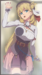 1girl against_glass agnes_claudel bag beret blonde_hair blue_eyes blurry blurry_background bracelet breast_press breasts breasts_on_glass bun_with_braided_base chiharu_(9654784) cleavage_cutout clothing_cutout double-parted_bangs eiyuu_densetsu hair_between_eyes hair_bun handbag hat highres jewelry kai_no_kiseki kuro_no_kiseki_(series) large_breasts long_hair long_sleeves looking_at_viewer pendant red_hat ribbed_sweater shorts single_side_bun solo sweater