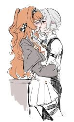 Rule 34 | 2girls, 7nosuke, black vest, blush, closed eyes, collared shirt, commentary, dress, french kiss, grey hair, hand on another&#039;s waist, hashtag-only commentary, kiss, long hair, multiple girls, orange hair, reverse:1999, shirt, simple background, sonetto (reverse:1999), tongue, tongue out, two-tone dress, two side up, vertin (reverse:1999), vest, white background, white dress, white shirt, yuri