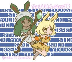 Rule 34 | 2girls, :&gt;, animal ears, blonde hair, character name, closed mouth, commentary request, copyright name, dancer rabbit, detached sleeves, dress, druid rabbit, full body, green eyes, green hair, grey dress, grey scarf, headscarf, holding, holding staff, kunai, long hair, looking at viewer, mage staff, miso253, multiple girls, open mouth, rabbit and steel, rabbit ears, rabbit girl, scarf, short hair, skirt, smile, staff, strapless, tube top, weapon, white headscarf, yellow eyes, yellow skirt, yellow tube top