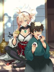 1boy 1girl aged_down asymmetrical_hair black_hair black_hakama black_thighhighs blue_eyes blue_kimono bottle breasts cat cleavage cup earrings fate/grand_order fate/samurai_remnant fate_(series) food food_on_face hakama highres holding holding_cup indian_style japanese_clothes jewelry kimono leaf leaf_earrings loose_kimono magatama magatama_necklace maple_leaf miyamoto_iori_(fate) miyamoto_musashi_(fate) miyamoto_musashi_(woman_of_niten_ichiryuu)_(fate) necklace nishimura_eri onigiri pink_hair rice rice_on_face sake_bottle scar scar_on_face shota single_sidelock sitting sleeping_animal swept_bangs tassel thighhighs topknot wide_ponytail