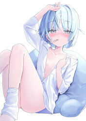 1girl arm_up blue_hair blush bottomless breasts cushion fever grey_eyes highres koyubita leg_warmers looking_at_viewer original short_hair sick simple_background sitting small_breasts solo sweat thermometer