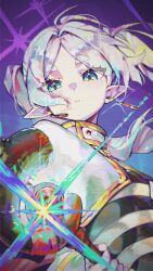 1girl 46_coffee absurdres blurry capelet collared_capelet commentary earrings elf expressionless film_grain floating_hair frieren gold_trim gradient_background green_eyes hair_intakes highres hikimayu holding holding_staff light_blush long_hair parted_lips pointy_ears shirt sidelocks solo sousou_no_frieren sparkle sparkle_background staff striped_clothes striped_shirt teardrop_earrings thick_eyebrows twintails upper_body white_capelet white_hair wind
