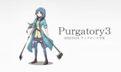 1girl axe black_thighhighs blue_hair dual_wielding empty_eyes enri_louvre holding long_hair nama_(ogs3rrmfe) naraku naraku_3 red_eyes skirt solo thighhighs