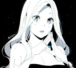 Rule 34 | 1girl, 23i2ko, :o, black eyes, breasts, cleavage, colored lineart, hair flowing over, hair over shoulder, heart, jewelry, long hair, looking at viewer, monochrome, open mouth, original, partially colored, ring, solo, sparkling eyes, star (sky), starry sky background, steepled fingers, upper body, white hair