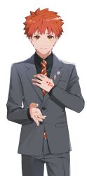 1boy absurdres anniversary basashi_(1092aru) black_shirt black_suit brown_eyes command_spell emiya_shirou fate/stay_night fate_(series) formal_clothes highres male_focus necktie red_hair shirt simple_background solo spiked_hair suit two-tone_necktie