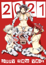 2021 341_sentoudan 3girls :t animal_ears animal_print bell bikini black_lagoon blue_eyes breasts brown_eyes brown_hair chinese_zodiac chopsticks collar commentary_request cooking copyright_request cow_ears cow_horns cow_print cowbell creator_connection crossover ear_tag eating elbow_gloves ermina_shaumaher fake_animal_ears fake_horns female_focus food full_body gloves grill happy_new_year highres hiroe_rei holding holding_chopsticks horns indian_style large_breasts long_hair looking_at_viewer meat medium_breasts meteora_osterreich multiple_crossover multiple_girls navel neck_bell new_year no_shoes ponytail print_bikini print_gloves print_legwear re:creators red_hair revy_(black_lagoon) shichirin short_hair shoulder_tattoo side-tie_bikini_bottom sitting small_breasts swimsuit tattoo thighhighs underboob wariza yakiniku year_of_the_ox