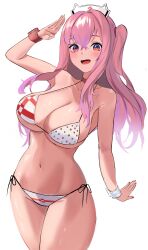 1girl :d absurdres armpit_crease bikini breasts cleavage cowboy_shot goddess_of_victory:_nikke hat highres kopepan_(kopepann11) large_breasts navel nurse_cap one_side_up open_mouth pepper_(nikke) pepper_(ocean_vitamin)_(nikke) pink_hair red_eyes red_nails salute side-tie_bikini_bottom simple_background smile solo stomach strap_gap swimsuit thighs white_background wrist_cuffs