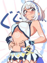 1girl bare_shoulders blue_hairband blush breasts closed_mouth commentary_request cowboy_shot dang0r0moti fingerless_gloves genshin_impact gloves hairband hands_on_own_stomach highres looking_at_viewer medium_breasts mualani_(genshin_impact) red_eyes solo spread_navel stomach tan underboob white_gloves white_hair