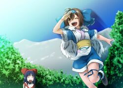 Rule 34 | 2girls, ainu clothes, arm up, blue hair, breasts, brown eyes, brown hair, closed eyes, hair ribbon, highres, legs, looking at viewer, multiple girls, nakoruru, one eye closed, open mouth, ribbon, rimururu, samurai spirits, short hair, shorts, siblings, sisters, small breasts, snk, teeth, thighs, tongue