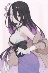 1girl black_hair breasts brown_cardigan brown_eyes cardigan closed_mouth colored_inner_hair commentary corset cowboy_shot expressionless granblue_fantasy hair_between_eyes half_mask highres large_breasts long_bangs long_hair looking_at_viewer mask multicolored_hair off_shoulder one_eye_covered open_cardigan open_clothes punished_pigeon purple_hair purple_skirt rosamia_(granblue_fantasy) shirt simple_background skirt solo standing very_long_hair white_shirt
