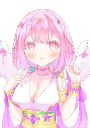 1girl angel_wings blush braid breasts choker cleavage collarbone flower hair_flower hair_ornament highres hirame_(hi03ra) hoshizaki_akari looking_at_viewer medium_breasts ongeki parted_lips pink_eyes pink_hair solo star_(symbol) striped_background upper_body white_wings wings