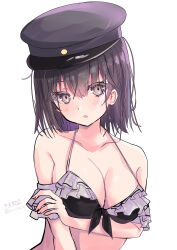Rule 34 | 1girl, absurdres, akitsu maru (kancolle), bare shoulders, bikini, black hair, blush, breasts, brown eyes, cleavage, commentary request, frills, front-tie bikini top, front-tie top, hat, highres, hizaka, kantai collection, large breasts, looking at viewer, medium hair, one-hour drawing challenge, open mouth, peaked cap, solo, swimsuit, twitter username, upper body
