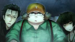 1girl 2boys asymmetrical_footwear baseball_cap beard_stubble black_cardigan black_hair black_jacket black_shirt blunt_bangs breast_pocket buttons cardigan clothing_request collar collarbone collared_shirt confused crocs dress facial_hair fat fat_man flat_chest frown game_cg green_collar green_dress green_eyes green_hair green_shirt green_trim grey_jacket hashida_itaru hat highres hiyajou_maho huke indoors jacket jacket_over_dress lapels long_hair long_sleeves looking_at_viewer messy_hair mismatched_footwear multiple_boys non-web_source notched_lapels object_in_pocket official_art okabe_rintarou okabe_rintarou_(beta) open_collar open_mouth overalls pen_in_pocket pink_sandals pocket red_overalls ringed_eyes sandals screen_light shirt short_hair short_sleeves steins;gate steins;gate_0 stubble sweatdrop teeth thick_eyebrows tongue upper_teeth_only v-shaped_eyebrows very_long_hair yellow_eyes yellow_hat