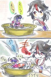 2girls :p boat bowl cink-knic grey_horns hat highres horns kijin_seija mini_person minigirl multicolored_hair multiple_girls purple_hair red_eyes sukuna_shinmyoumaru tongue tongue_out touhou translation_request tub watercraft wristband