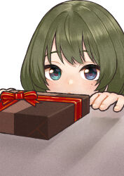 1girl aqua_eyes blue_eyes blush box close-up commentary_request expressionless gift gift_box green_hair heterochromia highres idolmaster idolmaster_cinderella_girls looking_at_viewer mole mole_under_eye oumi_mizu peeking_out solo takagaki_kaede valentine