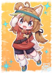 1girl :d ahoge animal_collar animal_ear_fluff animal_ears arm_up artist_name black_ribbon black_shorts blue_eyes blue_shoes blush brown_hair chibi collar dog_ears dog_girl dog_tail drawstring fang full_body green_shoes hair_between_eyes hair_ornament hair_ribbon hood layered_sleeves leaf long_hair long_sleeves looking_at_viewer loose_socks low_twintails maicha mamehinata mochiyama_kingyo open_mouth orange_background puffy_long_sleeves puffy_sleeves red_collar ribbon shirt shoes short_over_long_sleeves short_shorts short_sleeves shorts signature sleeves_past_wrists smile socks solo sparkle standing tail twintails vrchat white_socks