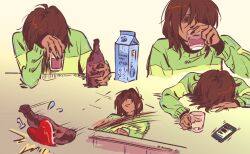 1other bags_under_eyes bottle brown_hair cellphone chocolate_milk commentary cup deltarune drinking english_commentary face_down green_sweater hair_over_one_eye hand_up heart highres holding holding_bottle holding_cup kris_(deltarune) leaning_on_table medium_hair meltsmelts milk_carton multiple_views other_focus phone red_eyes shaded_face smartphone solo soul_(deltarune) sweater throwing two-tone_sweater