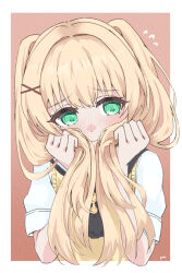 1girl ascot black_ascot blonde_hair blush border clenched_hands closed_mouth commentary embarrassed eyelashes flying_sweatdrops furrowed_brow green_eyes hair_between_eyes hair_intakes hair_ornament hands_up highres holding holding_own_hair long_hair looking_at_viewer nose_blush outside_border pink_background school_uniform shirt short_sleeves signature simple_background solo split_mouth summer_pockets summer_pockets_school_uniform sweater_vest tsumugi_wenders twintails upper_body very_long_hair white_border white_shirt x_hair_ornament yellow_sweater_vest yumojtm