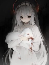 Rule 34 | 1girl, 1waly, absurdres, animal, baby animal, blood, blood on clothes, dark, dress, grey hair, grey veil, halo, highres, holding, holding animal, hooves, horror (theme), lamb, light smile, long hair, looking at viewer, original, pale skin, red halo, red pupils, sheep, solo, veil, white dress